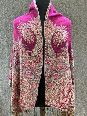 27x68 magenta turquoise floral paisley twist fringe womens scarf shoulder wrap